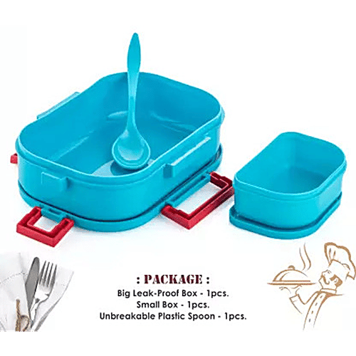 YouBee Lunch/Tiffin Box, Plastic For School Office With Spoon & Side Container, For Adults & Kids - Blue, 3 pcs (650 ml + 150 ml) Airtight, Leak-Proof, Food Grade
