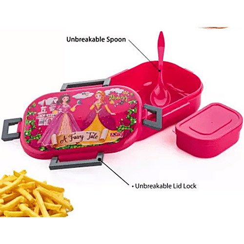 YouBee Lunch/Tiffin Box, Plastic For School Office With Spoon & Side Container, For Adults & Kids - Pink, 3 pcs (650 ml + 150 ml) Airtight, Leak-Proof