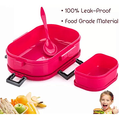 YouBee Lunch/Tiffin Box, Plastic For School Office With Spoon & Side Container, For Adults & Kids - Pink, 3 pcs (650 ml + 150 ml) Airtight, Leak-Proof