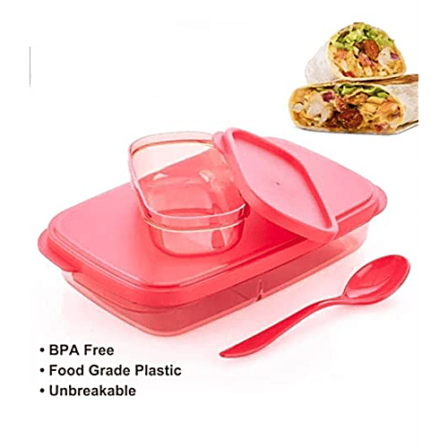 YouBee Lunch/Tiffin Box, Plastic For School, Office With Spoon & Side Container, For Adults & Kids - Red, 3 pcs (450 ml + 150 ml) Airtight, Leak-Proof