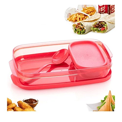 YouBee Lunch/Tiffin Box, Plastic For School, Office With Spoon & Side Container, For Adults & Kids - Red, 3 pcs (450 ml + 150 ml) Airtight, Leak-Proof