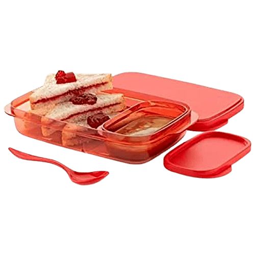 YouBee Lunch/Tiffin Box, Plastic For School, Office With Spoon & Side Container, For Adults & Kids - Red, 3 pcs (450 ml + 150 ml) Airtight, Leak-Proof