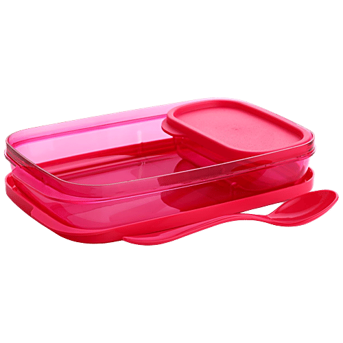 YouBee Lunch/Tiffin Box, Plastic For School, Office With Spoon & Side Container, For Adults & Kids - Pink, 3 pcs (450 ml + 150 ml) Airtight, Leak-Proof