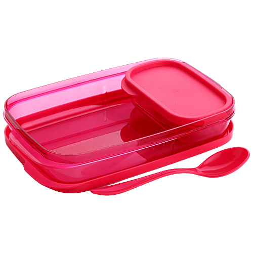 YouBee Lunch/Tiffin Box, Plastic For School, Office With Spoon & Side Container, For Adults & Kids - Pink, 3 pcs (450 ml + 150 ml) Airtight, Leak-Proof