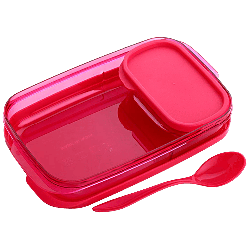 YouBee Lunch/Tiffin Box, Plastic For School, Office With Spoon & Side Container, For Adults & Kids - Pink, 3 pcs (450 ml + 150 ml) Airtight, Leak-Proof