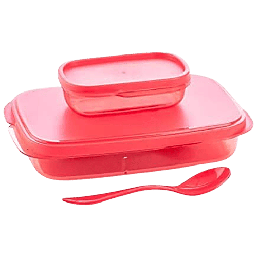YouBee Lunch/Tiffin Box, Plastic For School, Office With Spoon & Side Container, For Adults & Kids - Pink, 3 pcs (450 ml + 150 ml) Airtight, Leak-Proof