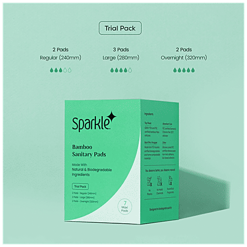 Sparkle Bamboo Maxi Sanitary Pads - Trial Pack, Regular, Large & Overnight, 7 pcs Box Leak Proof, Plastic Free, Perfume Free, Biodegradable, Dermatologically Tested, Hypoallergenic