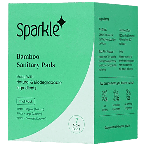 Sparkle Bamboo Maxi Sanitary Pads - Trial Pack, Regular, Large & Overnight, 7 pcs Box Leak Proof, Plastic Free, Perfume Free, Biodegradable, Dermatologically Tested, Hypoallergenic