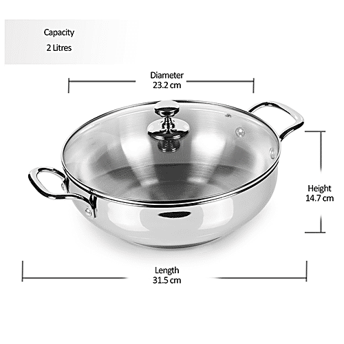 Buy Milton ProCook Stainless Steel Kadhai Pro Cook, With Glass Lid, Plain, Sandwich Bottom