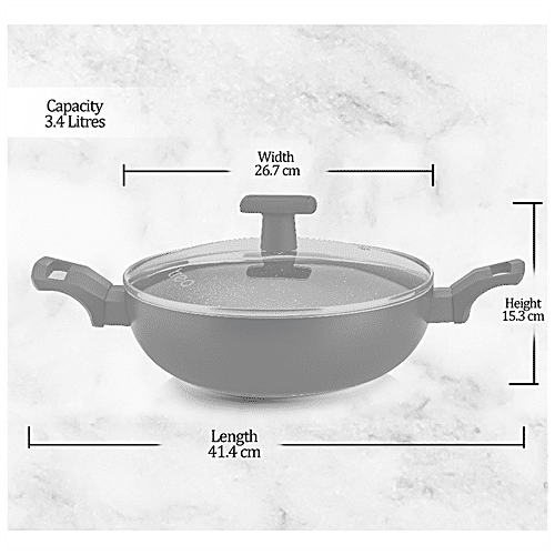 Milton ProCook Kadhai - Pro Cook, With Glass Lid, Black Pearl, Bakelite Handle, Grey, 3.4 L  