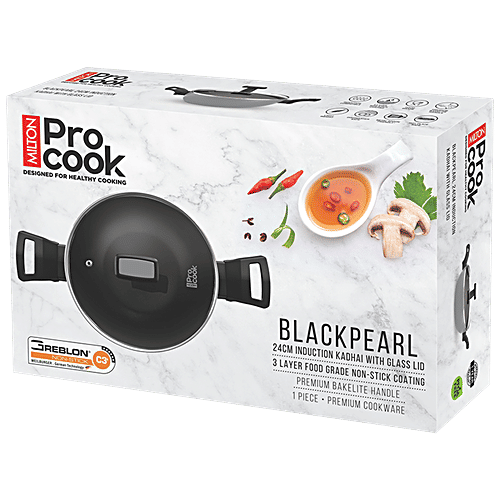 Milton ProCook Kadhai - Pro Cook, With Glass Lid, Black Pearl, Bakelite Handle, Grey, 3.4 L  