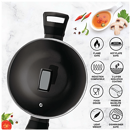 Milton ProCook Kadhai - Pro Cook, With Glass Lid, Black Pearl, Bakelite Handle, Grey, 3.4 L  