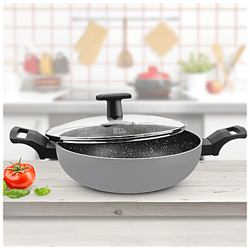 Milton ProCook Kadhai - Pro Cook, With Glass Lid, Black Pearl, Bakelite Handle, Grey, 3.4 L  