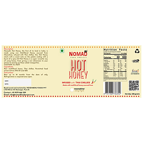 Nomad Food Project Hot Honey - Infused With Thai Chillies, 200 g Bottle Sweet & Spicy
 Versatile Condiment