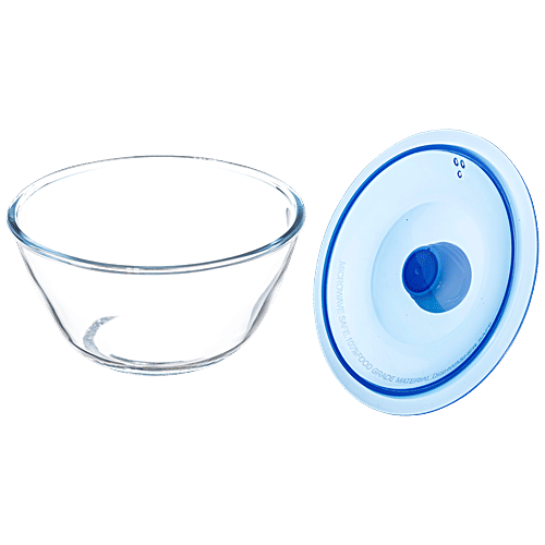 Sanjeev Kapoor Mixing/Serving Bowl - Borosilicate Glass, With Blue Lid, Kingston, 1 L  