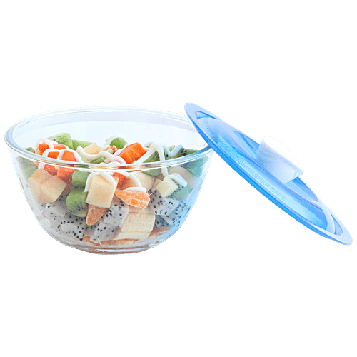 Sanjeev Kapoor Mixing/Serving Bowl - Borosilicate Glass, With Blue Lid, Kingston, 1 L  