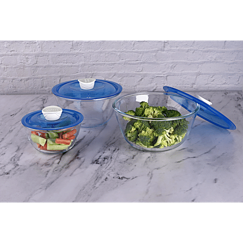 Sanjeev Kapoor Mixing/Serving Bowl - Borosilicate Glass, With Blue Lid, Kingston, 1 L  