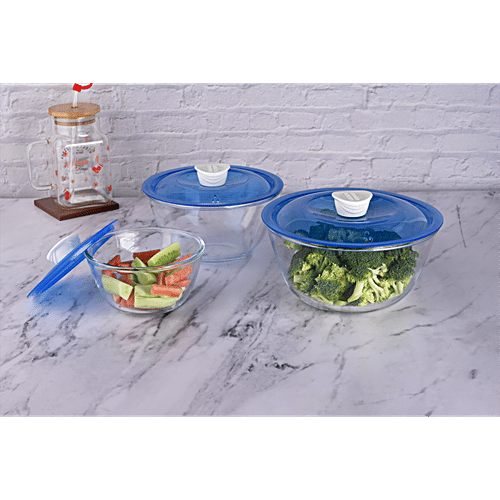 Sanjeev Kapoor Mixing/Serving Bowl - Borosilicate Glass, With Blue Lid, Kingston, 1 L  