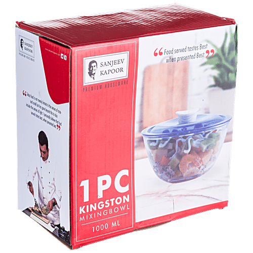 Sanjeev Kapoor Mixing/Serving Bowl - Borosilicate Glass, With Blue Lid, Kingston, 1 L  