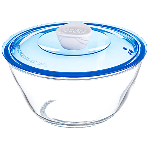 Sanjeev Kapoor Mixing/Serving Bowl - Borosilicate Glass, With Blue Lid, Kingston, 1 L  