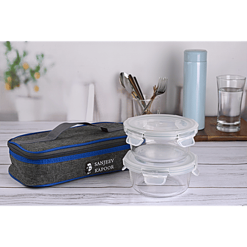 Sanjeev Kapoor Glass Lunch Box - Round, Boston, With Horizontal Bag, 400 ml (Set of 2) Air Tight, Leak Proof