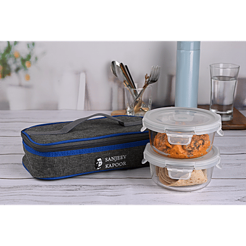 Sanjeev Kapoor Glass Lunch Box - Round, Boston, With Horizontal Bag, 400 ml (Set of 2) Air Tight, Leak Proof