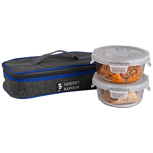 Sanjeev Kapoor Glass Lunch Box - Round, Boston, With Horizontal Bag, 400 ml (Set of 2) Air Tight, Leak Proof