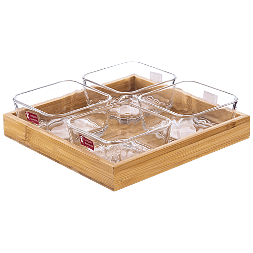 Buy Sanjeev Kapoor Glass Bowls & Wooden Tray Set Bahamas, Plain
