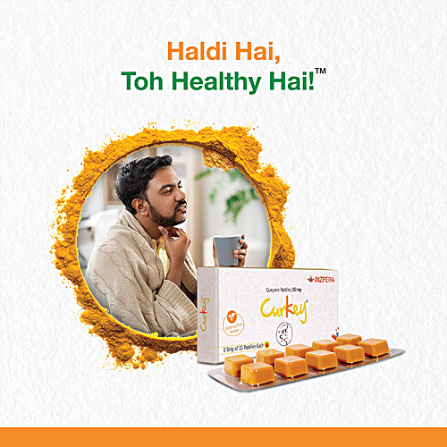 Curkey Curcumin Pastilles For Quick Relief From Sore Throat - Sugar Free, Mint Flavour, 10 pcs 1 Strip Natural Extract, Turmeric