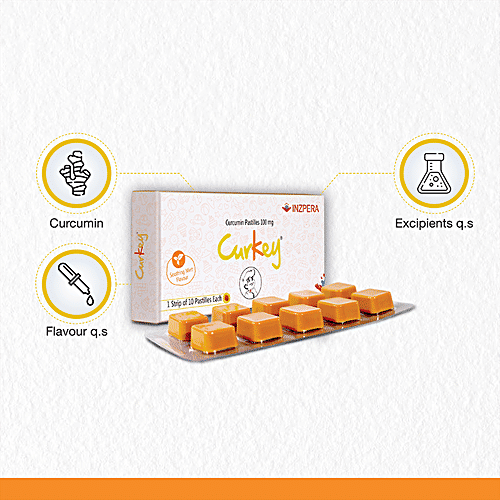 Curkey Curcumin Pastilles For Quick Relief From Sore Throat - Sugar Free, Mint Flavour, 10 pcs 1 Strip Natural Extract, Turmeric
