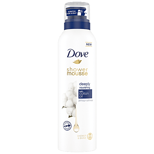 Dove Shower Mousse With Cotton Oil, Deeply Nourishing For 24hr Softness - Suitable For Shaving, 200 ml  Dermatologically Approved, 24 Hour Softness, Mousturising