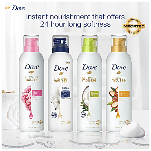 Dove Shower Mousse With Cotton Oil, Deeply Nourishing For 24hr Softness - Suitable For Shaving, 200 ml  Dermatologically Approved, 24 Hour Softness, Mousturising