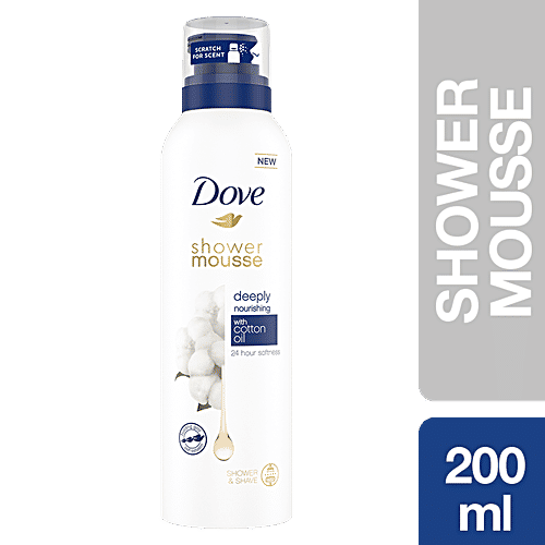 Dove Shower Mousse With Cotton Oil, Deeply Nourishing For 24hr Softness - Suitable For Shaving, 200 ml  Dermatologically Approved, 24 Hour Softness, Mousturising