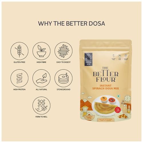 The Better Flour Instant Spinach Dosa Mix - Ready To Cook, 200 g  Light & Healthy, Fibre & Protein Rich, Gluten Free