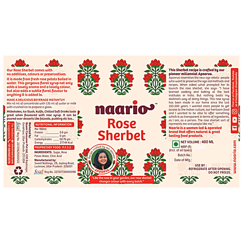 NAARIO Rose Sherbet- Real Roses | All Natural | Calms mind, 400 ml Bottle 