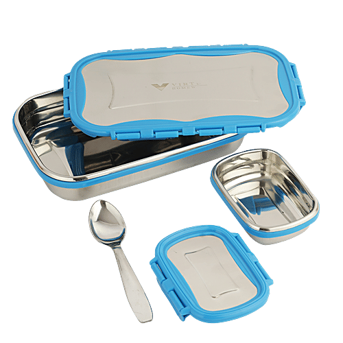 Virtue Signature Stainless Steel Lunch Box Jumbo With Spoon - Blue, 3 pcs (900 ml + 150 ml) 