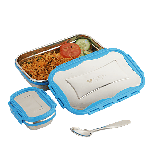 Virtue Signature Stainless Steel Lunch Box Jumbo With Spoon - Blue, 3 pcs (900 ml + 150 ml) 