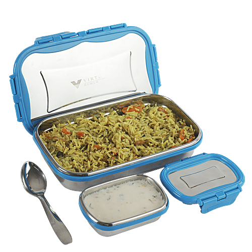 Virtue Signature Stainless Steel Lunch Box Jumbo With Spoon - Blue, 3 pcs (900 ml + 150 ml) 