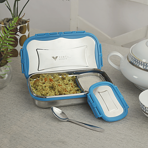 Virtue Signature Stainless Steel Lunch Box Jumbo With Spoon - Blue, 3 pcs (900 ml + 150 ml) 