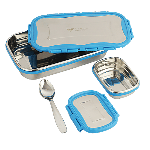 Virtue Signature Stainless Steel Lunch Box Big With Spoon - Blue, 3 pcs (700 ml + 150 ml) 