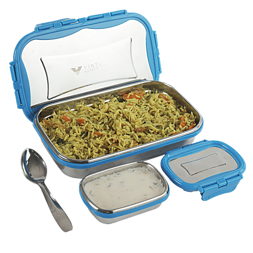 Virtue Signature Stainless Steel Lunch Box Big With Spoon - Blue, 3 pcs (700 ml + 150 ml) 