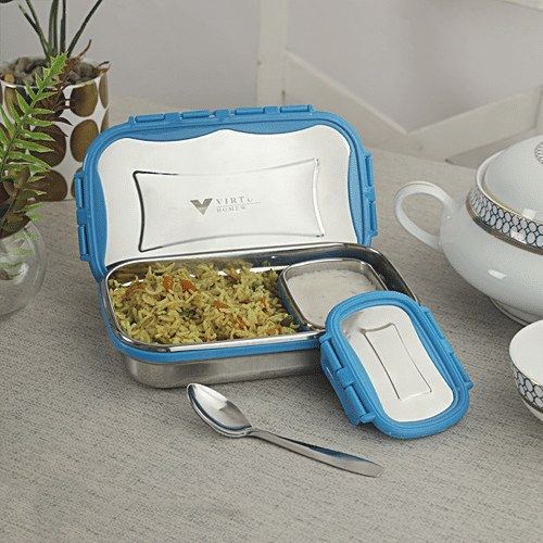 Virtue Signature Stainless Steel Lunch Box Big With Spoon - Blue, 3 pcs (700 ml + 150 ml) 