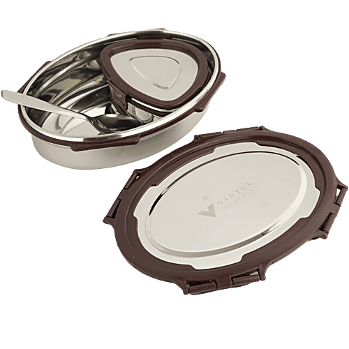 Virtue Steel Mate Oval Stainless Steel Lunch Box With Spoon - Brown, 3 pcs (900 ml + 150 ml) 