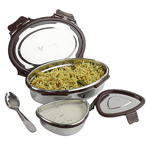 Virtue Steel Mate Oval Stainless Steel Lunch Box With Spoon - Brown, 3 pcs (900 ml + 150 ml) 