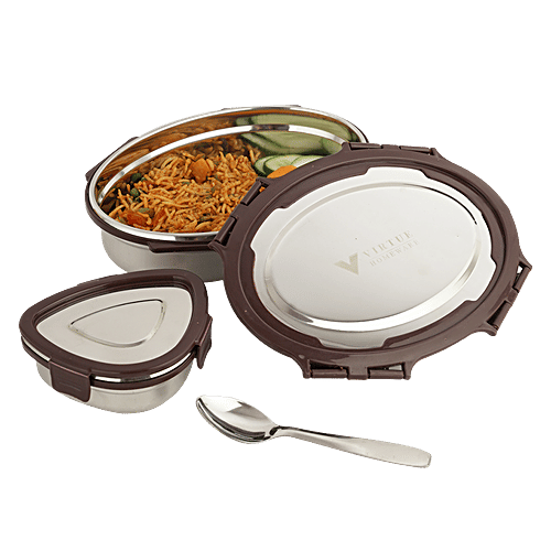 Virtue Steel Mate Oval Stainless Steel Lunch Box With Spoon - Brown, 3 pcs (900 ml + 150 ml) 