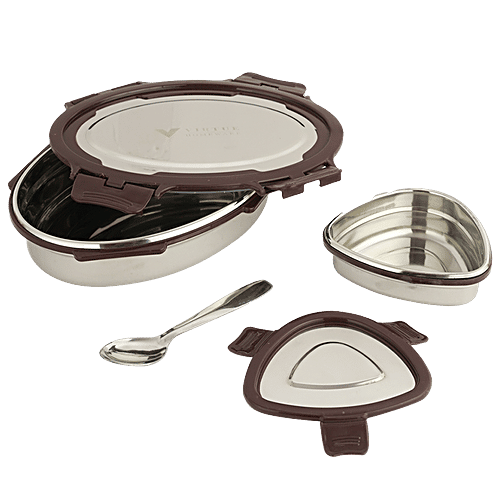 Virtue Steel Mate Oval Stainless Steel Lunch Box With Spoon - Brown, 3 pcs (900 ml + 150 ml) 