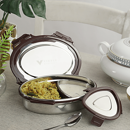 Virtue Steel Mate Oval Stainless Steel Lunch Box With Spoon - Brown, 3 pcs (900 ml + 150 ml) 