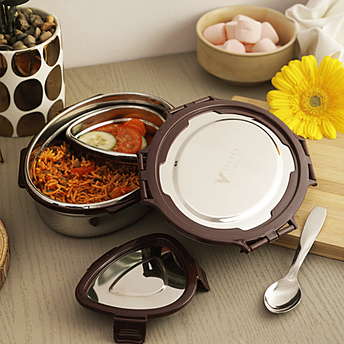 Virtue Steel Mate Oval Stainless Steel Lunch Box With Spoon - Brown, 3 pcs (900 ml + 150 ml) 