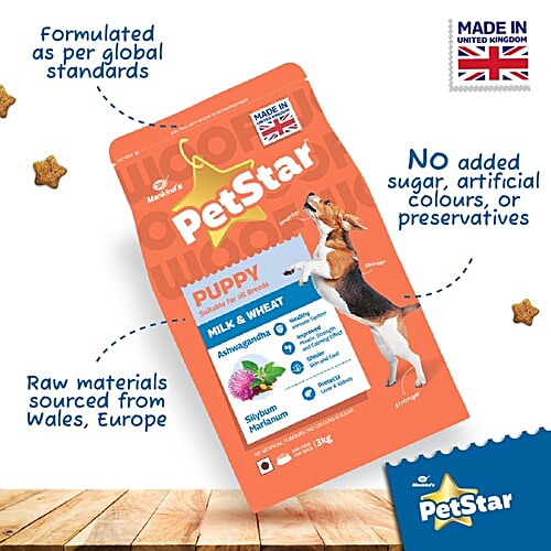 Mankind’s Petstar Dry Dog Food - Milk & Wheat, Puppy, 3 kg  Improves Muscle & Strength, Improves Immunity, Good For Skin & Coat, Protects Liver & Kidney, No Artificial Flavours | Colours | Sugar