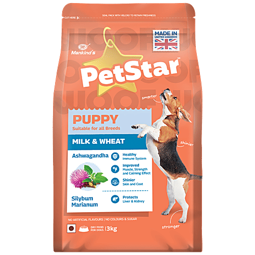 Mankind’s Petstar Dry Dog Food - Milk & Wheat, Puppy, 3 kg  Improves Muscle & Strength, Improves Immunity, Good For Skin & Coat, Protects Liver & Kidney, No Artificial Flavours | Colours | Sugar